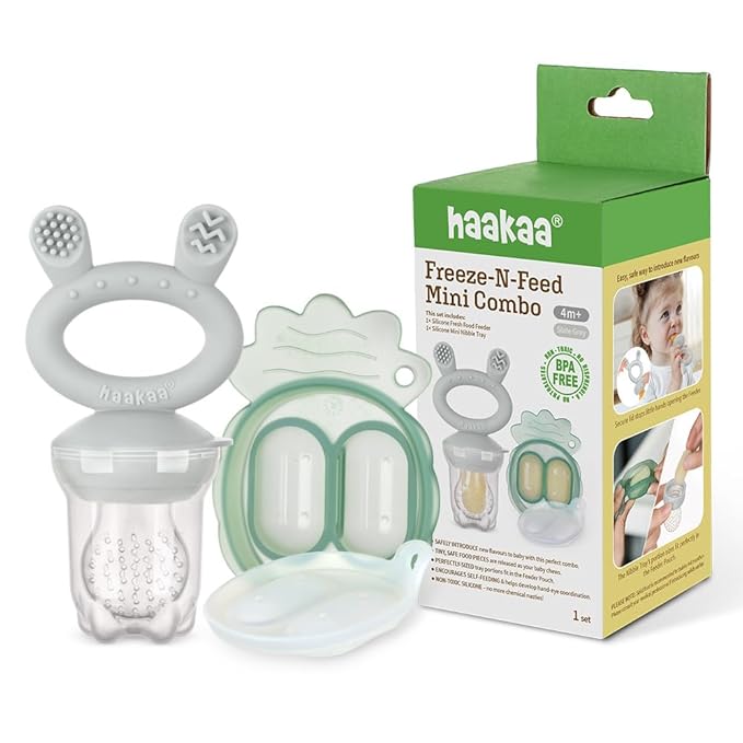 Haakaa Freeze-N-Feed Mini Combo with Silicone Food Feeder & Silicone Mini Nibble Tray|Baby Solid Food Self Feeder|Breastmilk Popsicle Mold Storage & Feeder for Soothing Baby Gums 1 PK