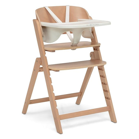Delta Children Crave 4-in-1 Convertible High Chair – Folds Flat, FSC Certified Beech Wood Frame, Grows from Baby to Adult, Magnetic Buckle & Dishwasher-Safe Tray – Natural