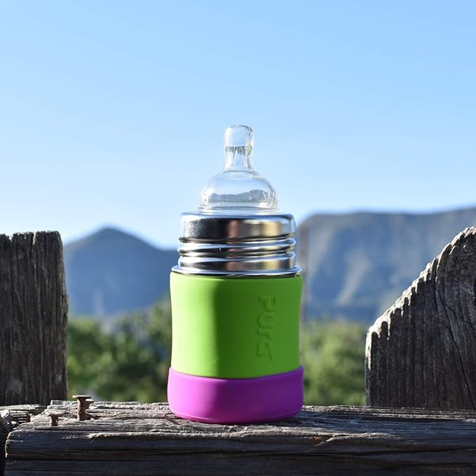 Pura Kiki Bottle Short Silicone Sleeves - Plastic-Free, Medical Grade, NonToxic, MadeSafe Certified | Adds Grip, Non-Slip, Removable | Provides Insulation for Hot & Cold Liquids | Green