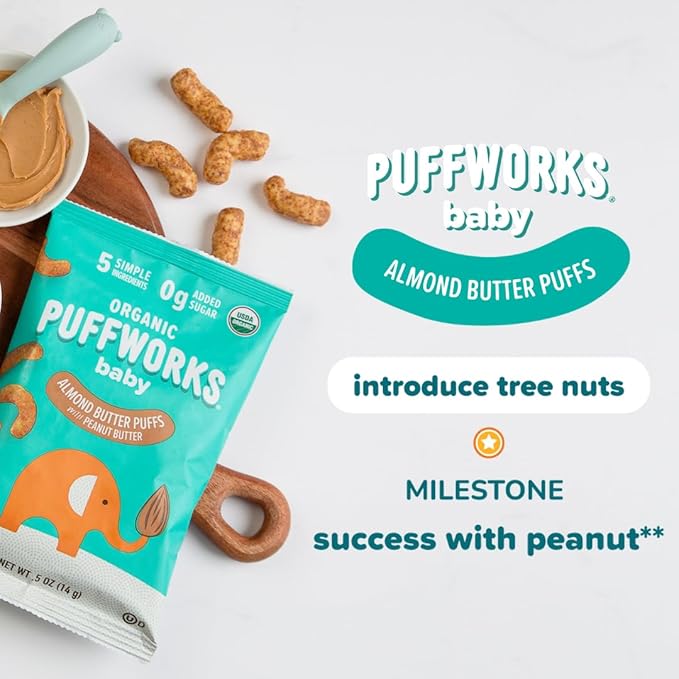 Puffworks Baby Organic Almond Butter Puffs, with Peanut Butter, Plant-Based Protein, USDA Organic, No Added Sugar, Gluten-Free, Vegan, Non-GMO, Kosher, 0.5 Ounce (Pack of 12)