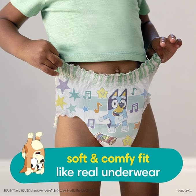 Pampers Easy Ups Pull On Bluey Training Pants Boys and Girls, 3T-4T, One Month Supply (124 Count) with Sensitive Water Based Baby Wipes 4X Pop-Top Packs (336 Count)