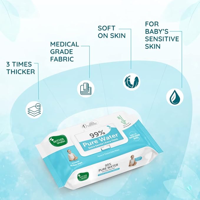 Mother Sparsh 99% Pure Water (Unscented) baby wipes I Natural Plant made cloth - Super thick I 72 pcs/pack - Pack of 2 (Super Saver Pack)