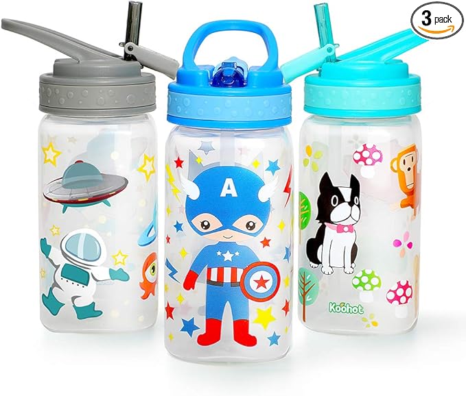 15oz Kids Water Drinking Bottle - BPA Free, Wide Mouth, Flip Sip Top, Easy Open, Lightweight, Leak-Proof Water Bottle with Cute Design For Girls & Boys - 3 Pack Animal & Hero & Space