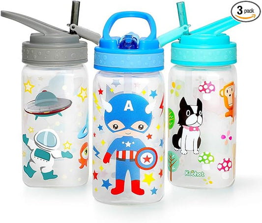15oz Kids Water Drinking Bottle - BPA Free, Wide Mouth, Flip Sip Top, Easy Open, Lightweight, Leak-Proof Water Bottle with Cute Design For Girls & Boys - 3 Pack Animal & Hero & Space