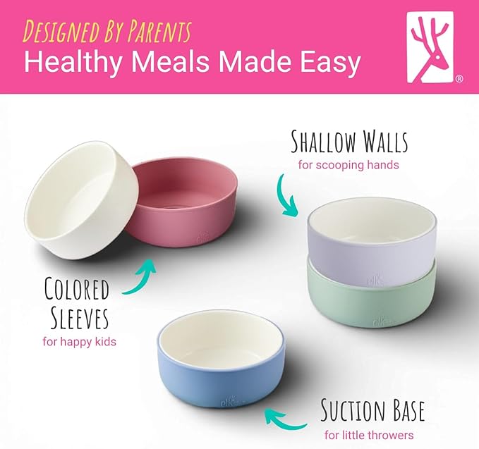 Elk and Friends Kids Porcelain Bowls with Silicone Suction Sleeves | Suitable for Babies/Toddlers | Microwave & Dishwasher Safe | Stay Put Dinnerware | Snack Dishes | 2 Pack