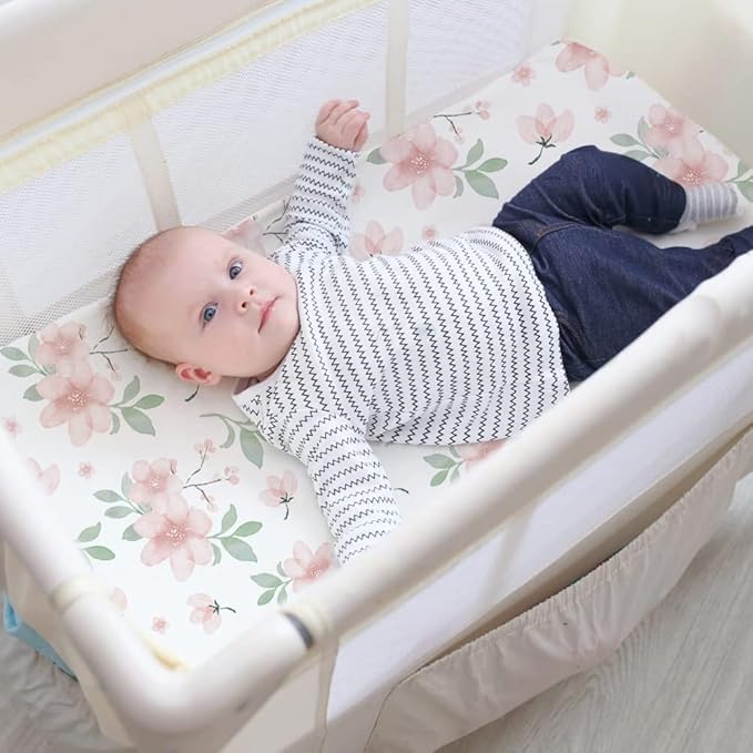 Pack n Play Stretchy Fitted Playard Sheet Set BROLEX 2 Pack Portable Mini Crib Sheets,Convertible Playard Mattress Cover,Ultra Soft Material,Pink Blossom