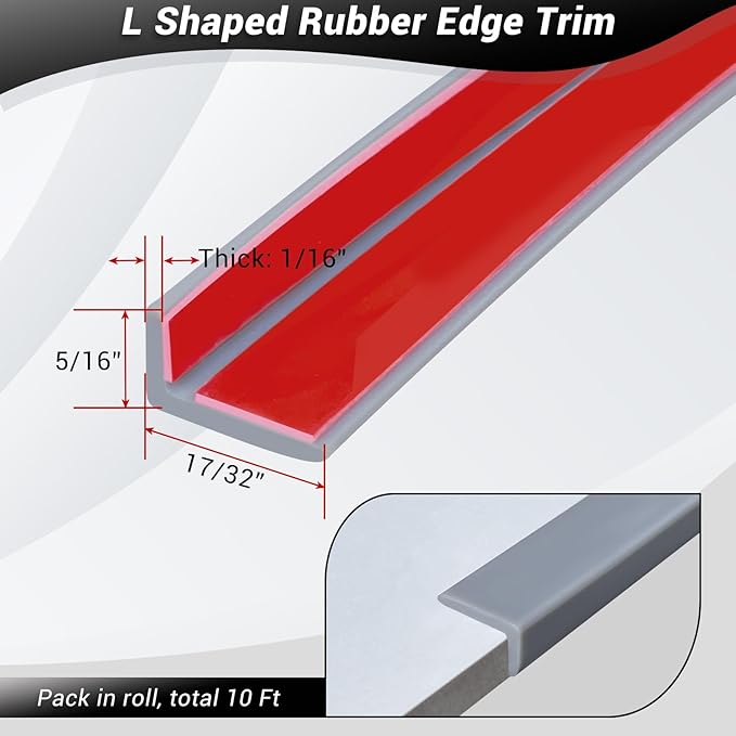 Protalwell Rubber Edge Trim, L Shaped, Small Size, Peel and Stick, 10FT, Gray