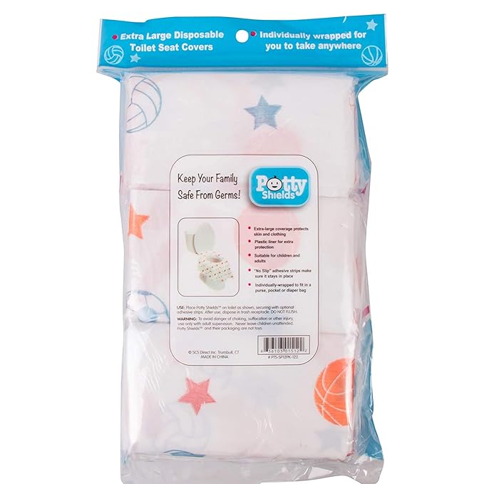 Potty Shields Toilet Seat Covers Disposable (20 Pack, Sports) - XL Waterproof Toilet Cover for Toddlers, Kids & Adults - Portable & Individually Wrapped for Travel, Potty Training & Public Restrooms