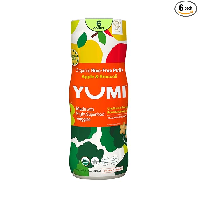 YUMI Rice-Free Baby Puffs - No Sugar Added, Gluten-Free, Non-GMO Organic Baby Snacks Puffs, School Safe for Daycare and Lunchboxes - Alternative to Baby Teething Snacks, Apple & Broccoli (6ct.)