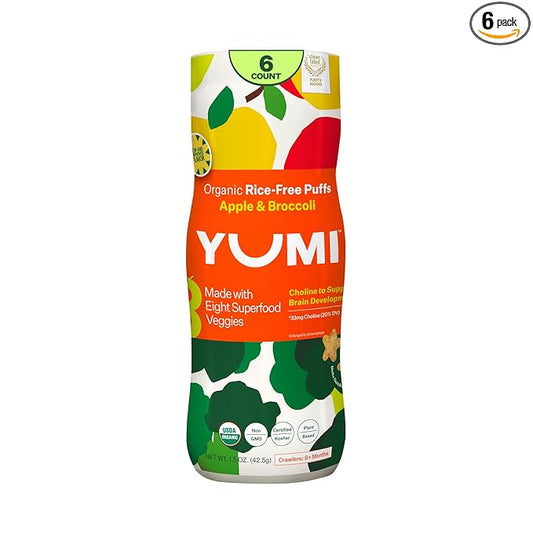 YUMI Rice-Free Baby Puffs - No Sugar Added, Gluten-Free, Non-GMO Organic Baby Snacks Puffs, School Safe for Daycare and Lunchboxes - Alternative to Baby Teething Snacks, Apple & Broccoli (6ct.)