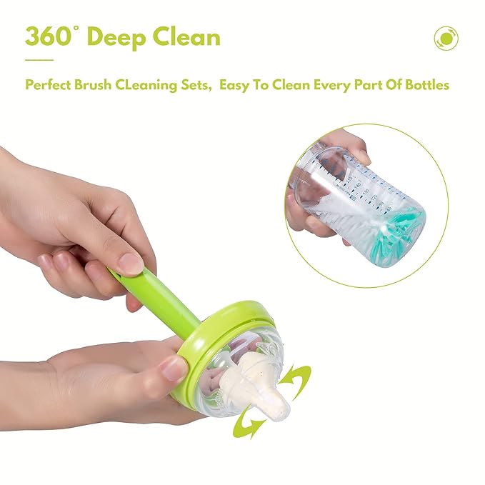 CAREBABYMORE Baby Bottle Brush with One Base Hidden Nylon Nipple Cleaner, 2 Pcs Sponge Nipple Brushes, 2 Pcs Straw Brushes, Bottle Brush with Nipple Cleaner and Suction Cup (Yellow)