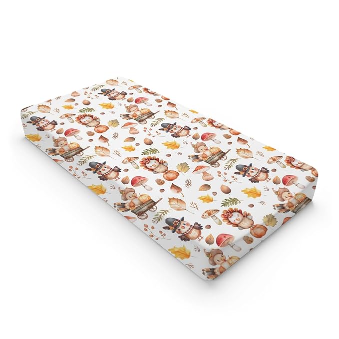 Cartoon Thanksgiving Turkey Pumpkin Mushroom Pattern Baby Changing Pad Cover, Unisex Fall Winter Nursery Diaper Changing Table Pad Mat Sheet for Boys Girls-16x32