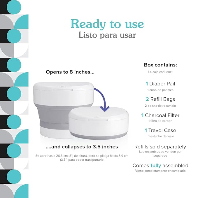 Go Portable Diaper Pail — Gray — Superior Odor Control with No Added Fragrance — Collapses for On-The-Go — Compact & Space-Saving