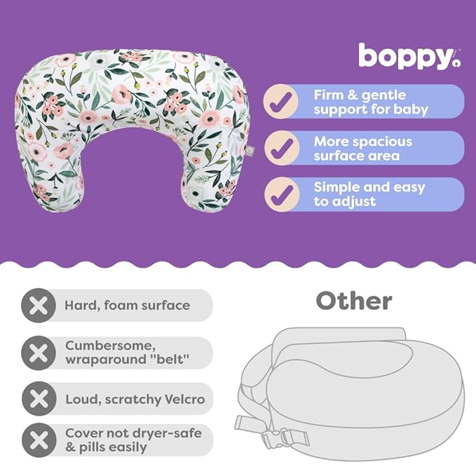 Boppy Nursing Pillow - Firm, Ergonomic U-Shaped Bottle and Breastfeeding Pillow with High Lift for Comfort and Support, Spacious Surface - Pink Garden Flowers