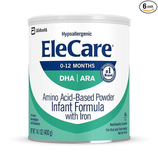 EleCare Hypoallergenic Amino Acid-Based Infant Formula, Complete Nutrition for Food Allergies and GI Conditions, Amino Acid-Based Baby Formula Powder, 14.1-oz Can (Pack of 6)