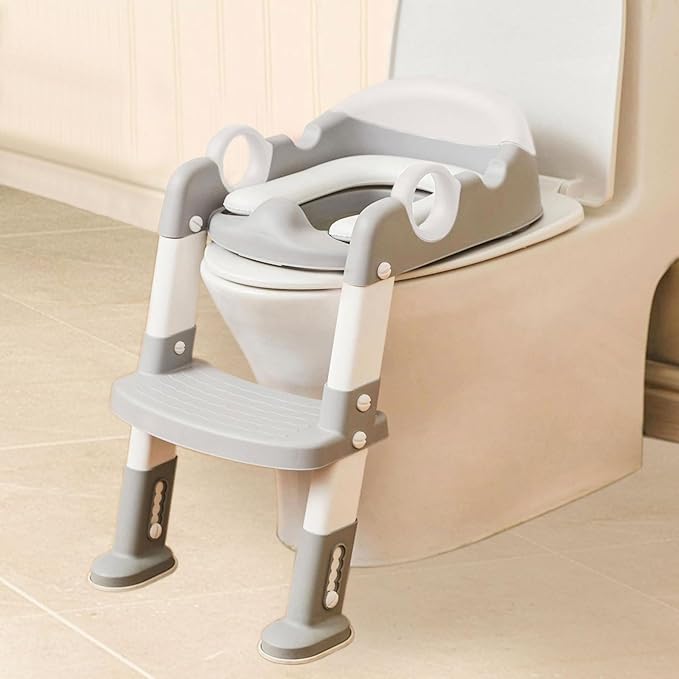 Potty Training Seat with Step Stool Ladder for Kids and Toddler,Wiifo Sturdy Potty Ladder with Soft Padded Cushion for Boys and Girls,Toddler Toilet Training Seat Chair(Grey White)