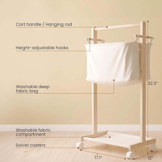 Woodtoe Baby Diaper Caddy Cart with Movable Storage Organizer, Natural Newborn Nursery Essentials, Mobile Utility Cart with Wheels for Nursery, Bedroom, Changing Table & Crib, Gifts for Baby Shower