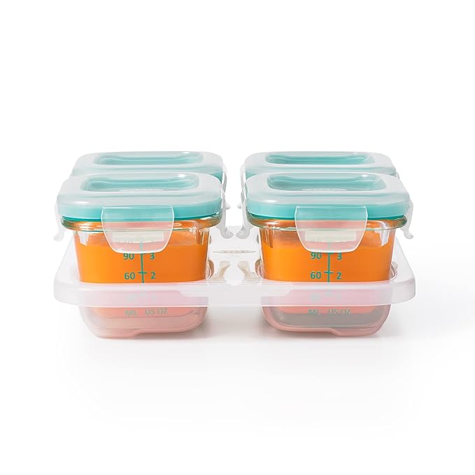 OXO Tot Glass Baby Blocks Food Storage Containers, Teal, 4 oz (Pack of 2)