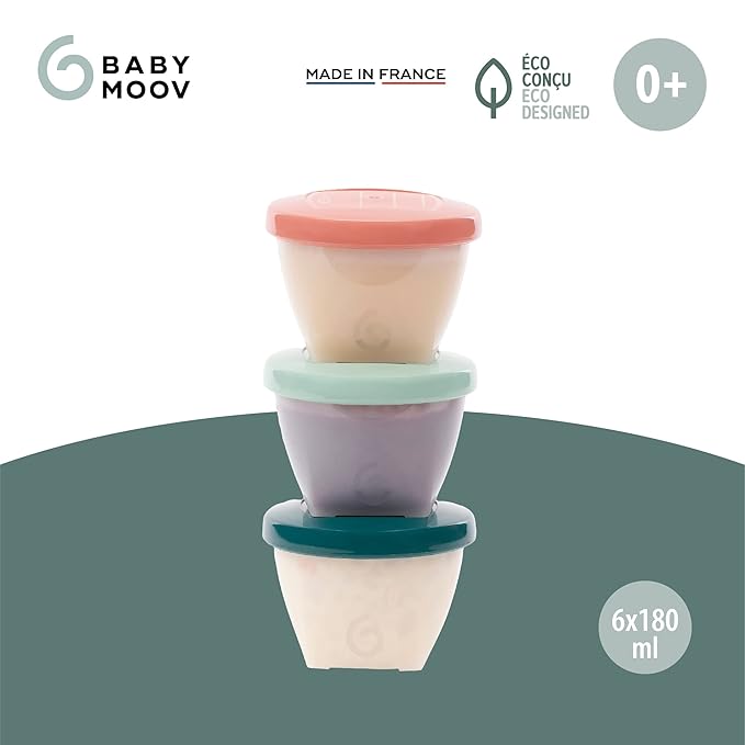 Babymoov Eco-Friendly Baby Food Jars, Set of 6 (6oz Each) BPA-Free Storage Containers, Made from Biosourced Sugar Cane, Leakproof Silicone Lids, Microwave, Freezer & Dishwasher Safe