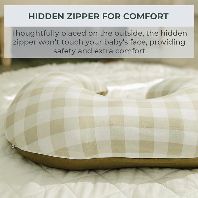 Pobibaby 1-Pack Premium Nursing Pillow Cover - Ultra Soft & Stretchy 96% Cotton, Breastfeeding Pillow Cover for Baby Boys and Girls (Gingham Khaki)