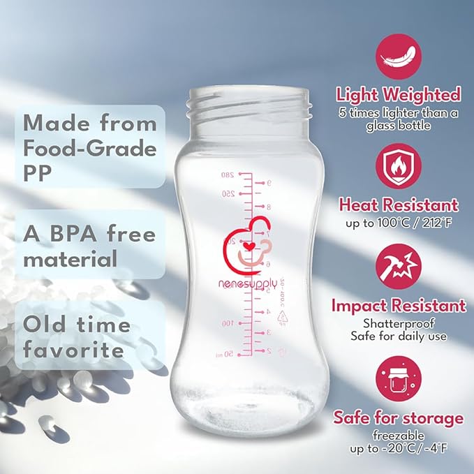 NENESUPPLY Breastmilk Storage Bottles Collection for Spectra S1 S2 Motif Luna Breast Pumps 4 pc 9oz 280ml with Collar and Sealing Disc. Replace Spectra Bottles for Pumping Wide-Mouth