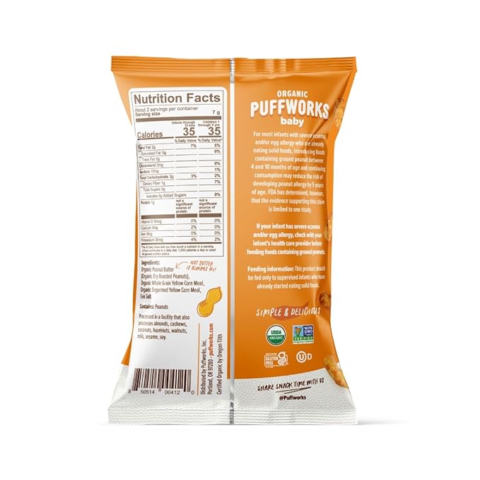 Puffworks Baby Organic Peanut Butter Puffs, Perfect for Early Peanut Introduction, Plant-Based Protein, No Added Sugar, USDA Organic, Gluten-Free, Vegan, Non-GMO, Kosher, 0.5 Ounce (Pack of 12)