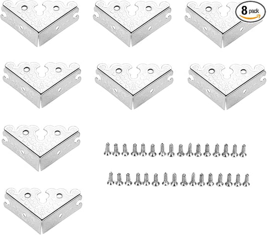 dophee 8Pcs Decorative Corner Protectors, Retro Style Edge Safety Guards Covers for Picture Frame Album Jewelry Box Gift Box Wooden Case Chest Tables Cabinet Furniture, 1.34"x1.34"-Silver