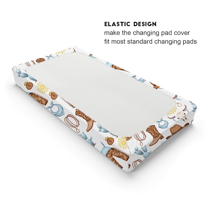 Western Cowboy Baby Changing Pad Cover for Boys & Girls 32''x16'' Desert Cowboy Hat Boot Sun Cactus Unisex Fitted Changing Table Mats Sheets Soft Breathable Cradle & Bassinet Sheets Blue
