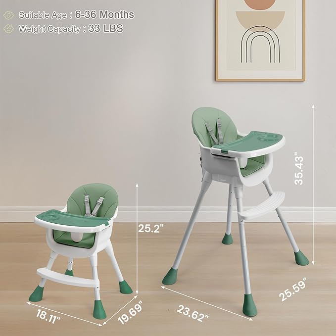 Ktaxon 3-in-1 Baby High Chair, Portable Adjustable Height Highchair with Removable Dual-Layer Tray, 5-Point Safety Harness and Footrest for Toddlers & Babies, Green