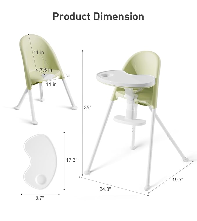 Mallify Foldable High Chair, Space-Saving Portable Baby High Chair with Removable Double Tray, Modern Convertible Baby Feeding Chair, Lightweight, Easy to Clean, Green