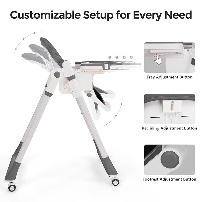Cochildor 3-in-1 Foldable High Chair for Babies & Toddlers – Adjustable Height, Reclining Seat, 5-Point Safety Harness, Removable Tray, Lockable Wheels, Washable Cushion – Portable & Easy Clean, Gray