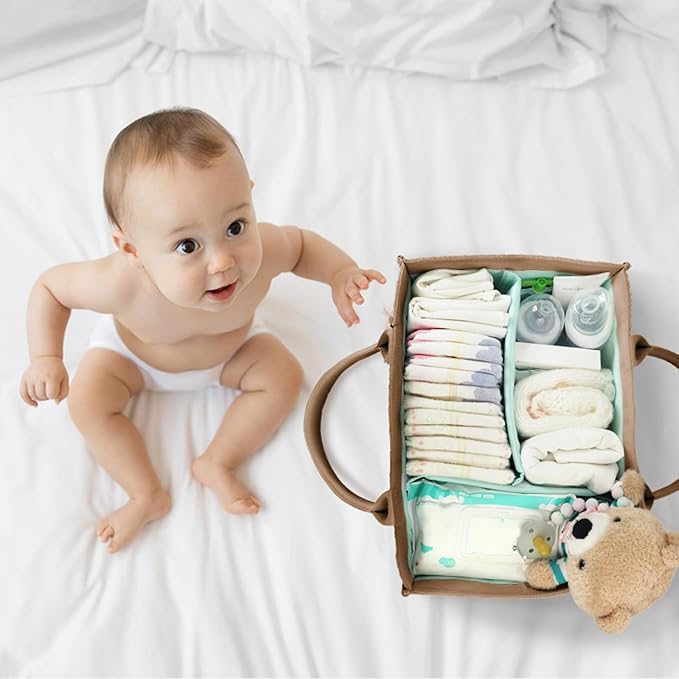 MOMINSIDE Diaper Caddy Organizer, Baby Basket Nursery Storage, Portable Changing Table Car caddy organizer for Girl Boy, Baby Registry Baby Shower Gifts, Newborn Essentials(Brown), FA231103-2N