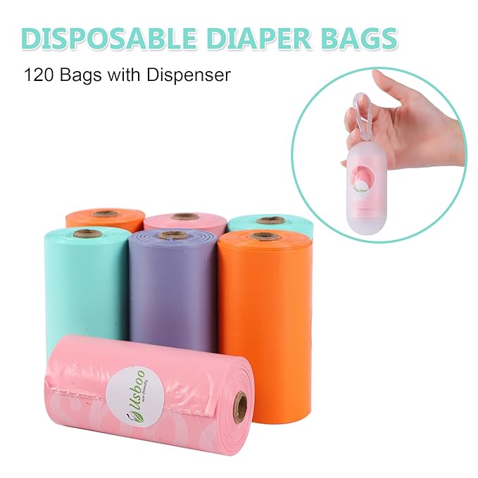 Diaper Bags Disposable for Baby, 8 Refill Rolls/120 Bags Dirty Disposable Diaper Bags with Dispenser, Convenient and Quick Diaper Disposal, Poop Bags,Rainbow