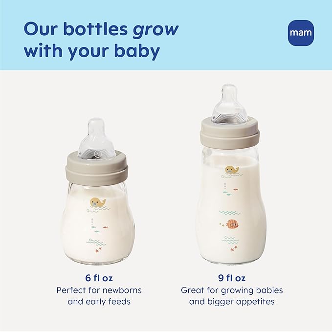MAM 9oz Premium Glass Wide Neck Baby Bottle with Medium Flow Breastfeeding-Like Silicone Nipple, Easy to Clean, BPA Free, 2+ Months, Easy Switch Between Breast and Bottle, Made in Europe, 3 Pk, Pink