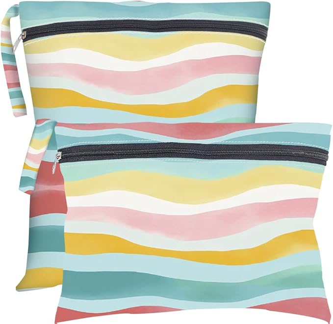 2Pcs 2 Sizes Wet Dry Bag Rainbow Beach Wet Bags Stripe Pattern Polyester Waterproof Sandproof Reusable Storage Zipper Pouch for Friends Makeup Swimsuit Travel Dirty Diaper Clothes Gifts
