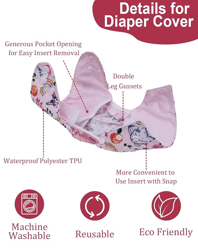babygoal Cloth Diaper Covers 6 Pack with Wet Bag for Fitted Diapers and Prefolds with Double Gussets, Adjustable and Reusable for Baby Girls