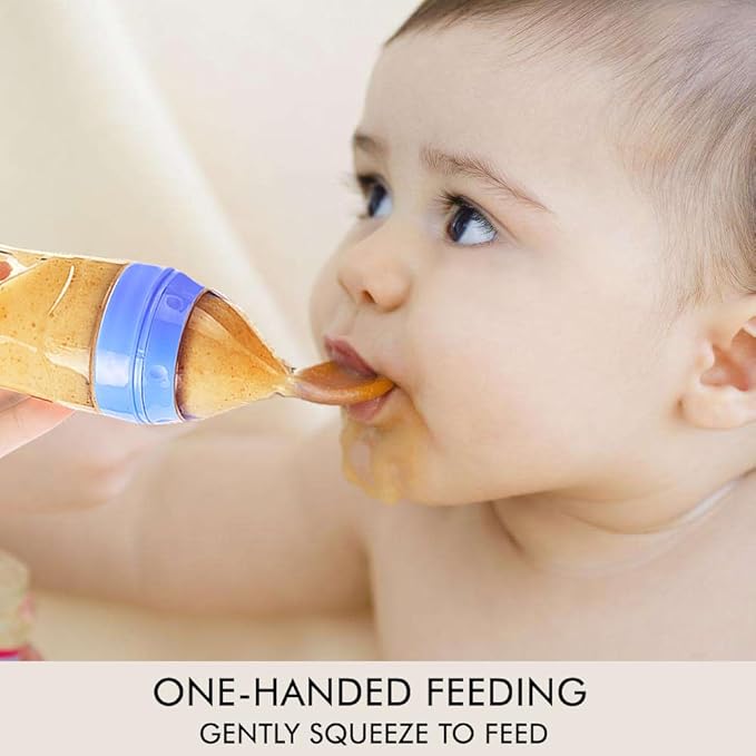 Matyz 2-Piece Silicone Baby Food Dispensing Spoon Set (Blue, 4oz/120ml) - Stand-Up Squeezable Bottle Feeder with Spoon - BPA Free, Silicone, 4+ Months