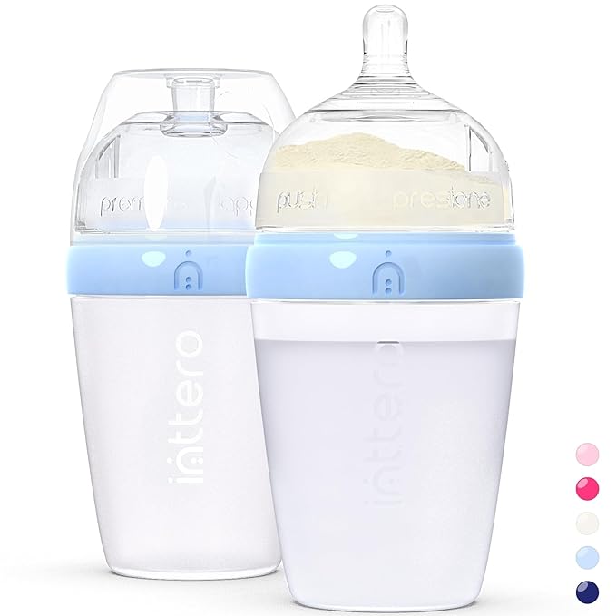 Baby Bottles with Built-in Formula Dispenser, Anti-Colic Wide Neck Design for Newborn Feeding and Everyday Baby Essentials, 9 Oz Medium Flow (2 Pack), Cute Blue