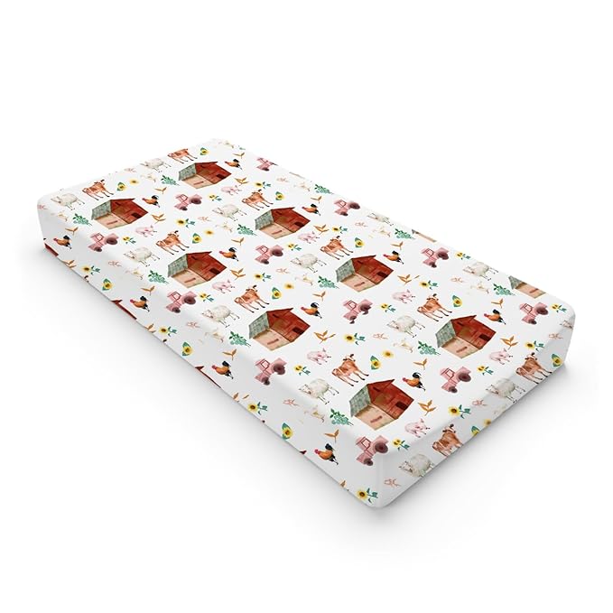 Watercolor Farm Animals Changing Pad Cover Barn Cow Lamb Chicken Pig Hen Duck Tractor Diaper Change Table Cover Sheets for Boys Girls Soft Stretchy Fitted Changing Mat Sheets 32''x16''
