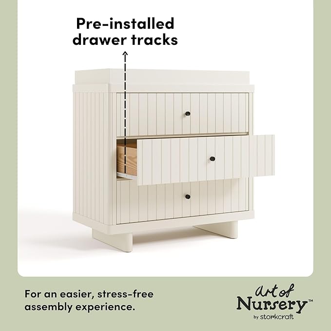 Storkcraft Kyoto 3 Drawer Chest with Topper (Frosted Oat) - GREENGUARD Gold Certified, Nursery & Kids' Bedroom Wood Chest, Interlocking Drawer System, and Easy Assembly with Pre-Installed Tracks