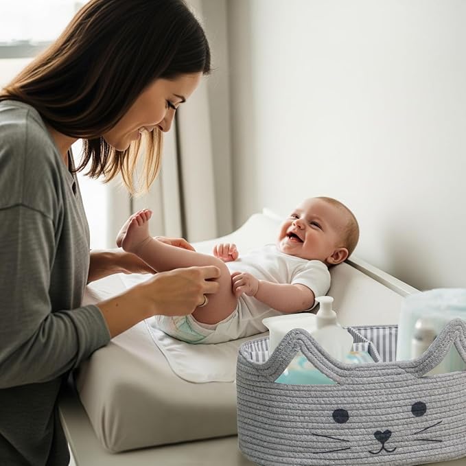 T&T Homewares Diaper Caddy Organizer, Cotton Rope Diaper Caddy Basket, Baby Shower Basket, Nursery Storage Bins, Newborn Caddie- Cat, Fox, Penguin (Grey Cat)