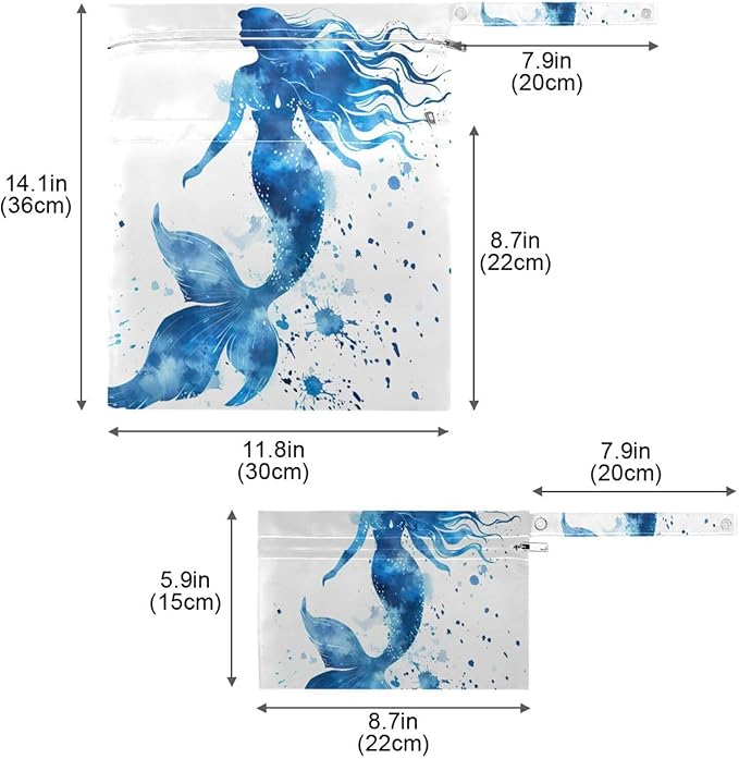 Watercolor Blue Mermaid Wet Dry Bag for Baby Cloth Diaper Waterproof Reusable Travel Wet Bag with Two Zippered Pockets for Swimsuits, 2 Pcs
