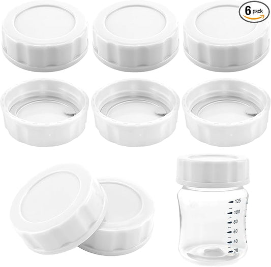 6pcs Baby Bottle Caps with Sealing Gasket, Travel and Storage Bottle Lids Airtight Replacement Caps for Wide Neck Glass Bottles (White)