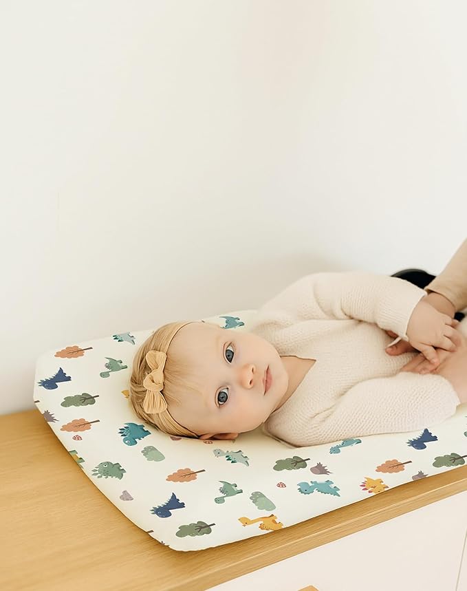 Changing Pad Cover for Baby Boys Girls 2 Pack, Fits Standard 32”×16” Changing Table Pads, Silky Breathable Stretch Knit, Machine Washable (Sage Dino)