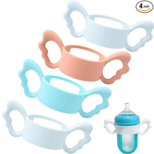 4 Pack Bottle Handles Compatible with Boon Nursh Reusable Silicone Pouch Bottles, Cute Wing Design, Silicone Bottle Holder for Easy Grip, Quick Install, Easy to Clean