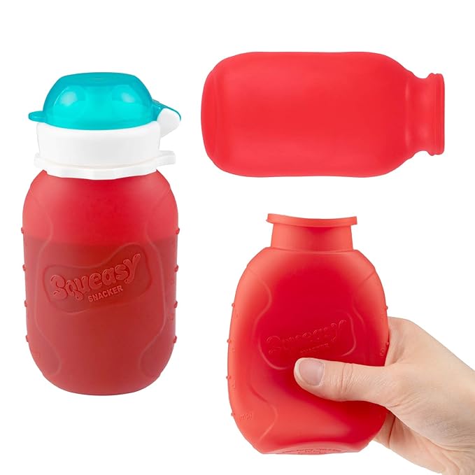 Red 6 oz Squeasy Snacker Spill Proof Silicone Reusable Food Pouch - for Both Soft Foods and Liquids - Water, Apple Sauce, Yogurt, Smoothies, Baby Food - Dishwasher Safe