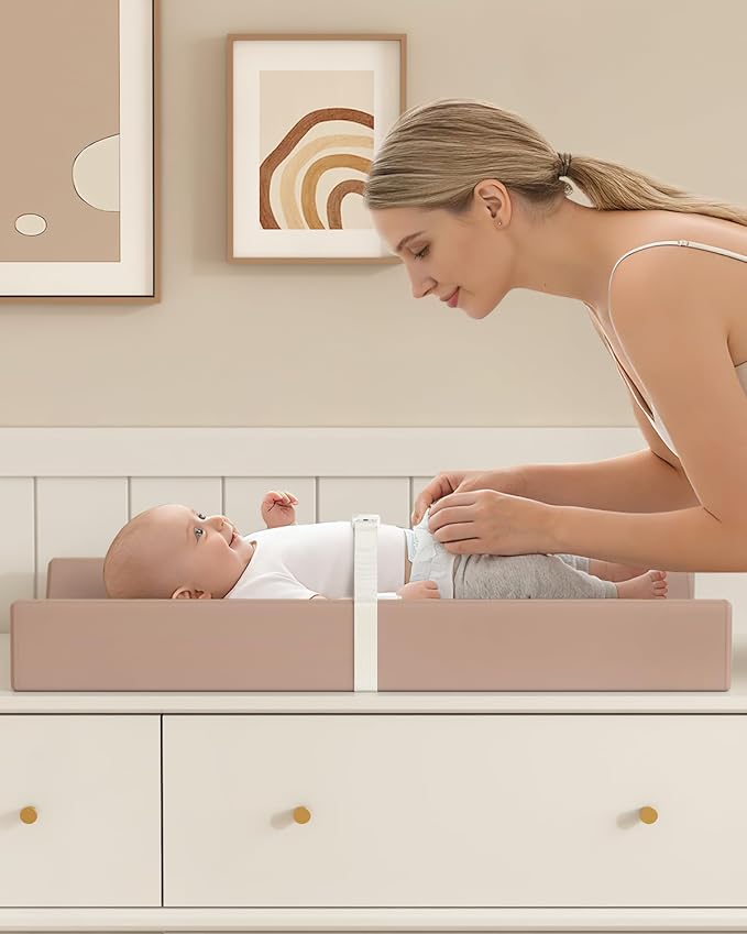 YACODAVO Wipeable Baby Changing Pad for Dresser and Table, Cozy Diaper Changing Pad with Waterproof & Wipe-Clean Leather Cover, Light Brown