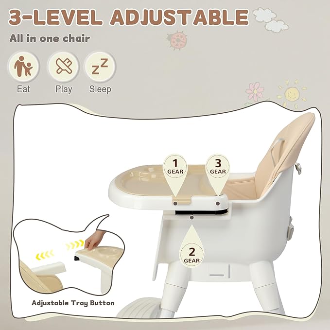 Ktaxon 3-in-1 Baby High Chair, Portable Adjustable Height Highchair with Removable Dual-Layer Tray, 5-Point Safety Harness and Footrest for Toddlers & Babies, Beige