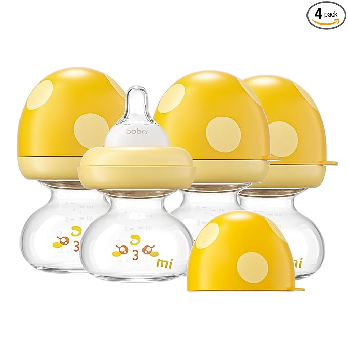 YOHKOH Newborn Glass Baby Bottles with Slow Flow Nipple for 0+ Months, Wide Neck Feeding Bottle, 2.7oz/80ml (Yellow, 2.7oz (Pack of 4))