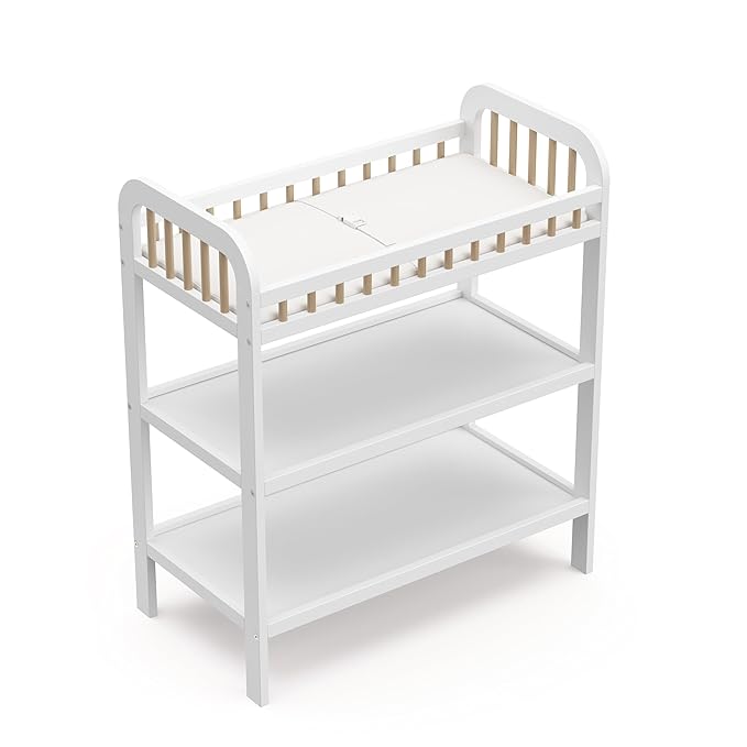 Storkcraft Pasadena Changing Table with Water-Resistant Changing Pad (White with Driftwood) - GREENGUARD Gold Certified, Includes Bonus Water-Resistant Changing Pad with Safety Strap, 2 Open Shelves
